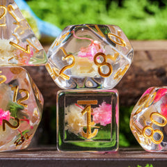 Cusdie rose-white dice with golden numbers for quick, clear readings.