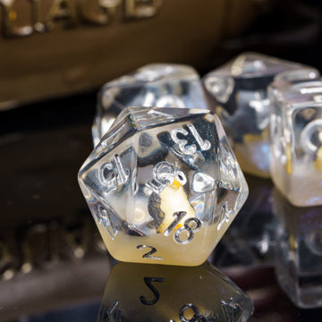 Front view of the complete polyhedral dice set for D&D sessions.