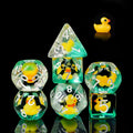 Cusdie duck-inside DND dice in yellow brighten tabletop sessions.