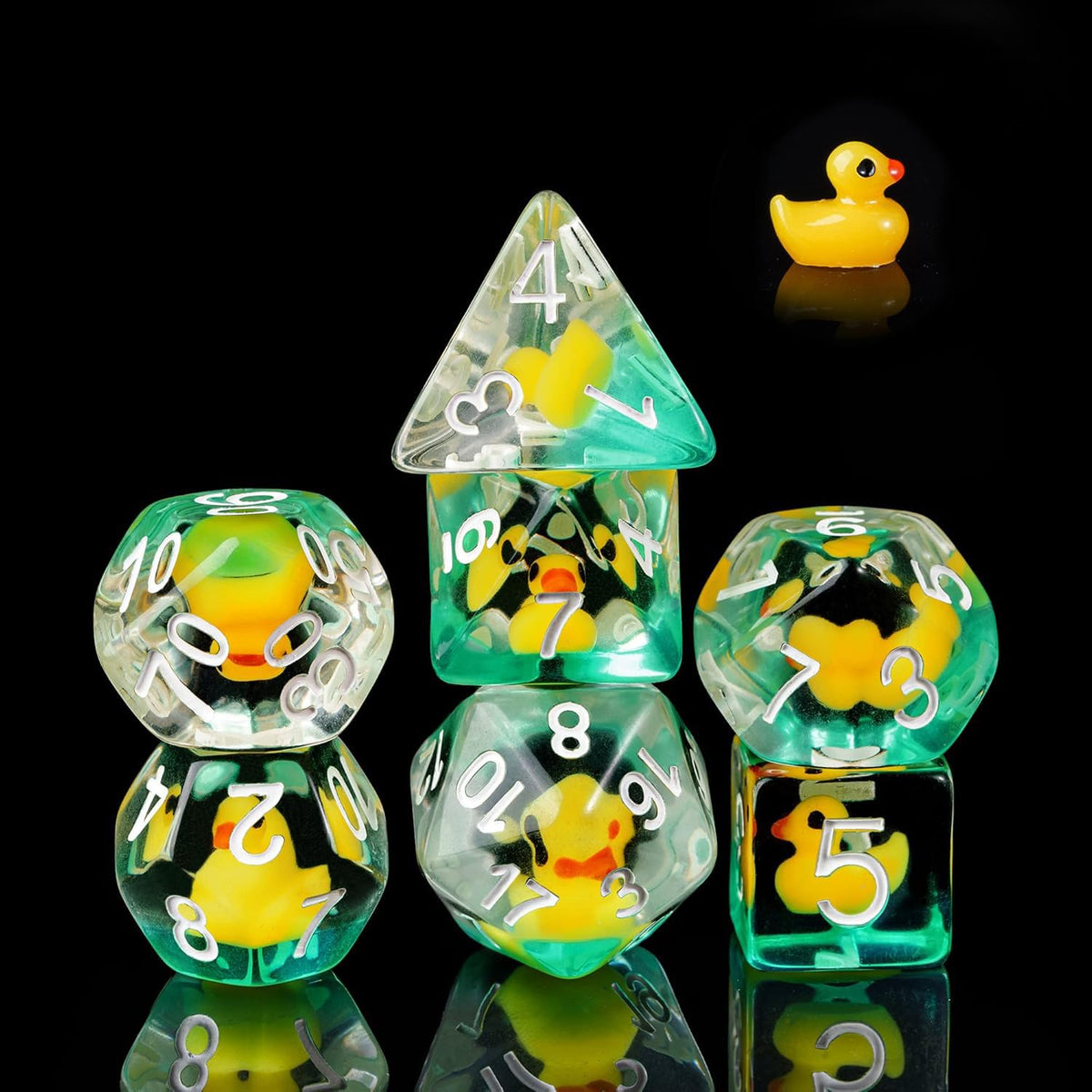 Cusdie duck-inside DND dice in yellow brighten tabletop sessions.
