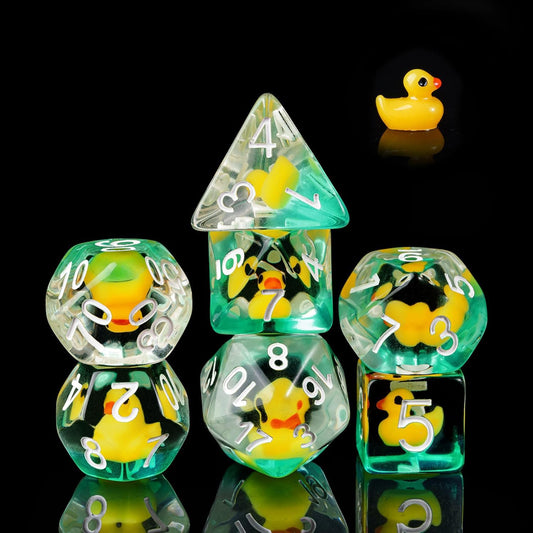 Cusdie duck-inside DND dice in yellow brighten tabletop sessions.