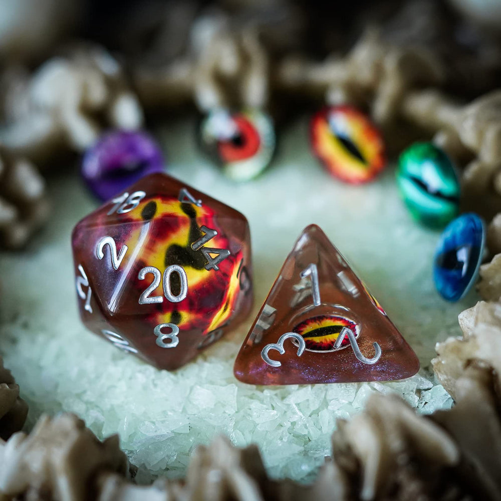 Cusdie eyeball dice polyhedral set, seven dice for D&D campaigns.
