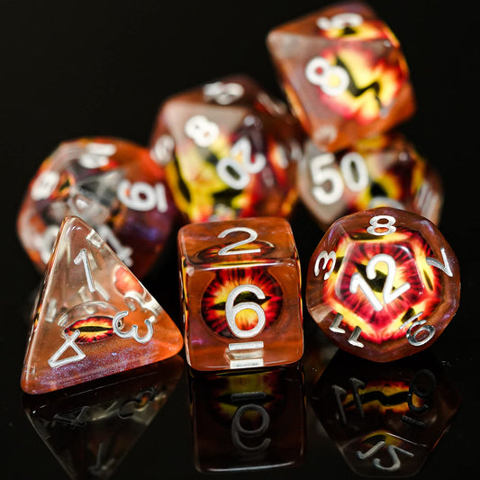 Cusdie eyeball dice set, front view, starry eye colors for immersive RPG sessions.