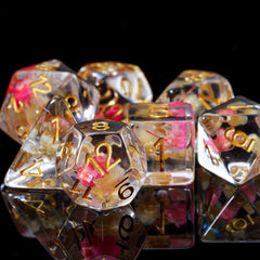 Cusdie flower-filled resin dice add vibrant table appeal during campaigns.