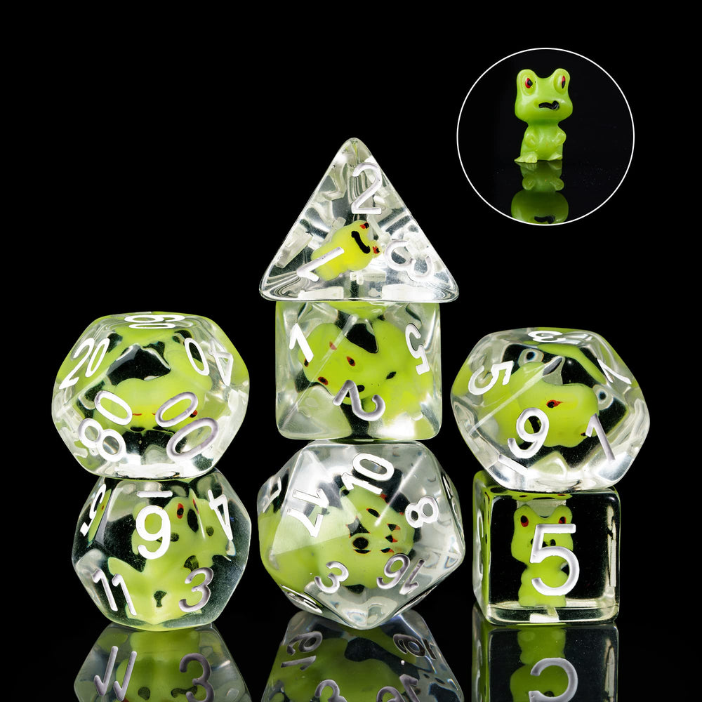 Cusdie frog-inside-dice set adds whimsy to tabletop RPG sessions.