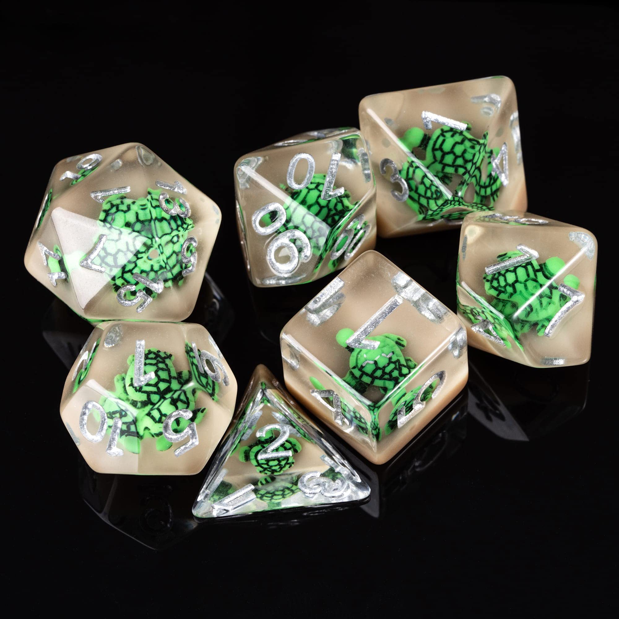 Cusdie green turtle-in-die DND dice add collectibility to your RPG collection.