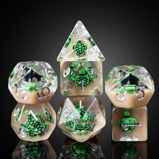 Cusdie green turtle inside DND dice – unique visual for RPG sessions.