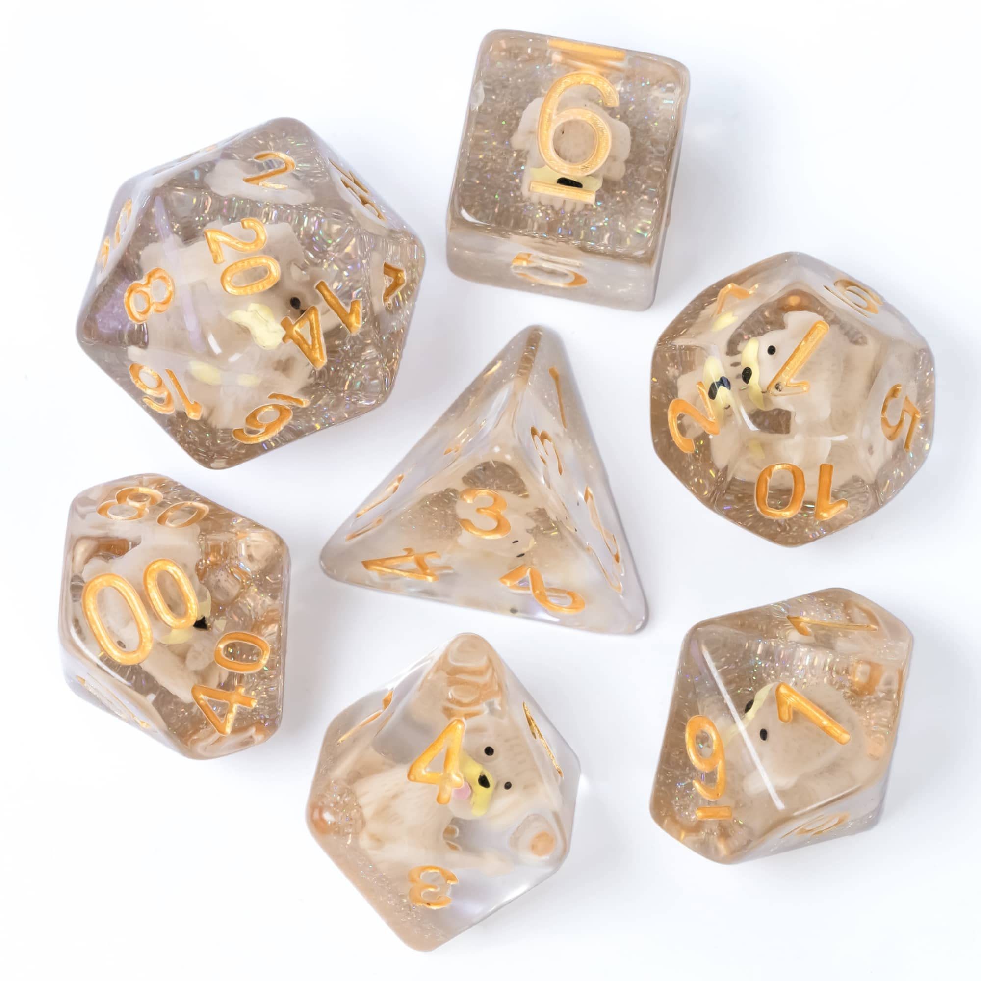 Cusdie seven-piece set ideal for RPG sessions and campaigns.