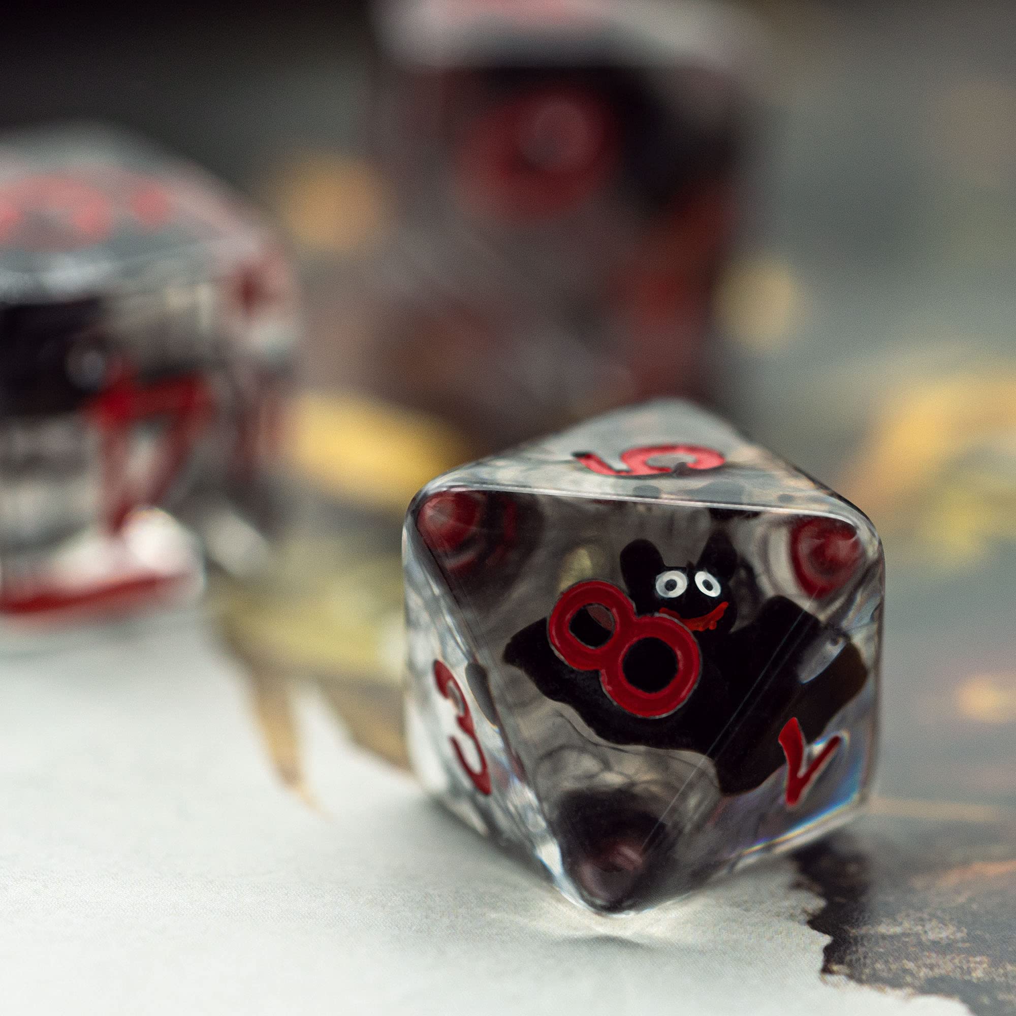 Cusdie table-ready dice for tabletop RPGs with bat motif