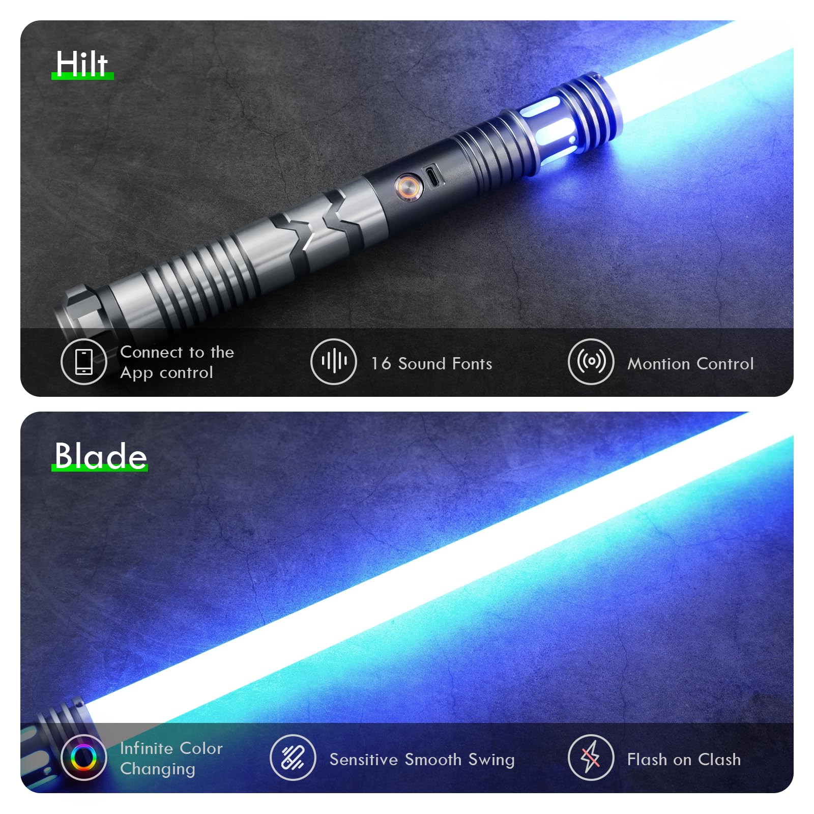 Custom Saber aluminum hilt with black finish offers solid weight.
