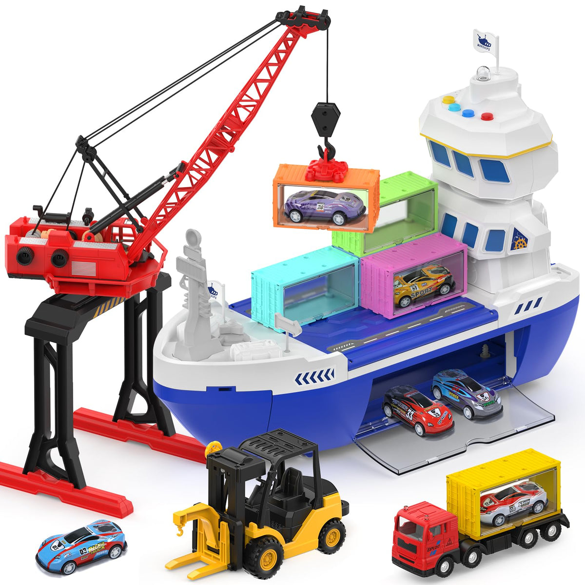 CUTE STONE 2-in-1 toy boat crane with lights enhances imaginative play.