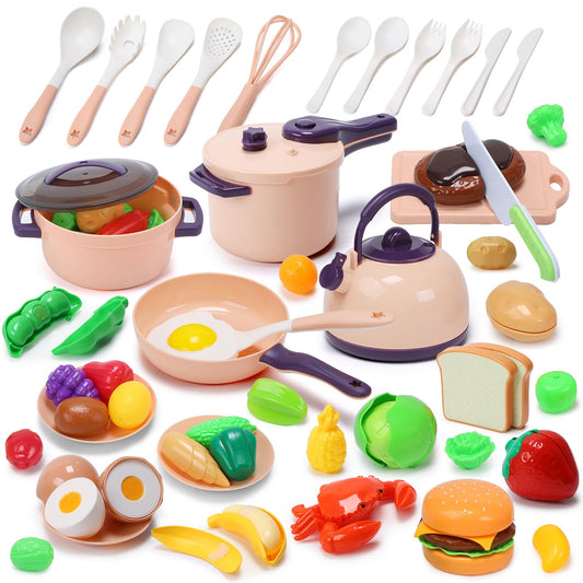 Cute Stone 51 piece mini play kitchen pots and pans for imaginative pretend cooking