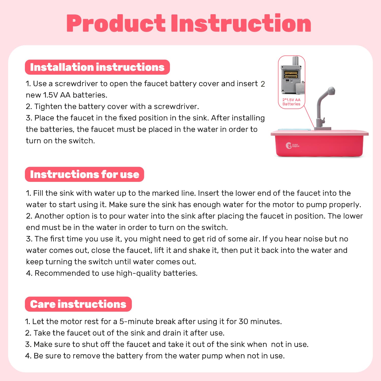 CUTE STONE automatic water circulation ensures smooth flow during pretend washing