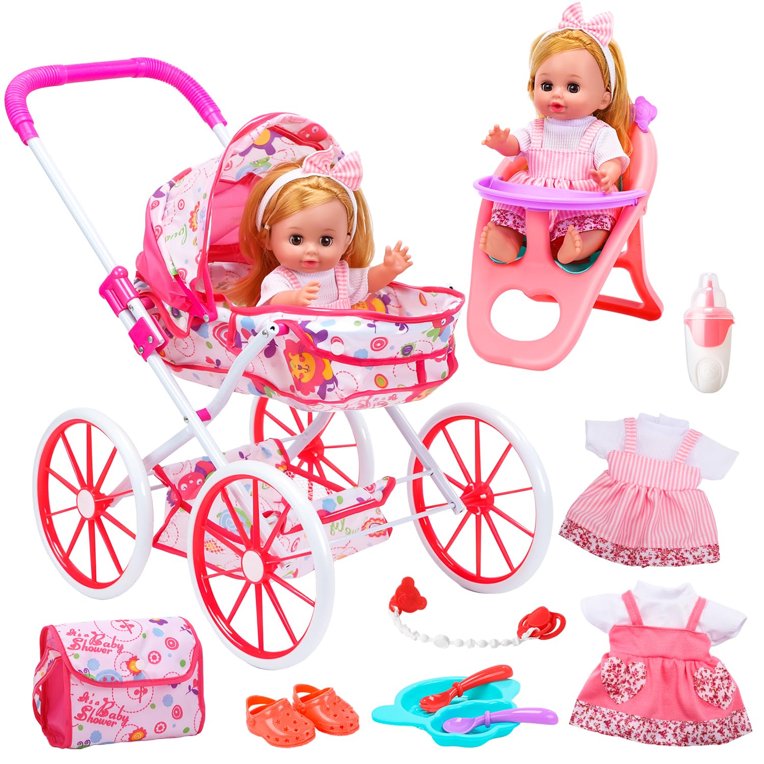 CUTE STONE baby doll playset with stroller for imaginative caregiving play and nurturing skills.