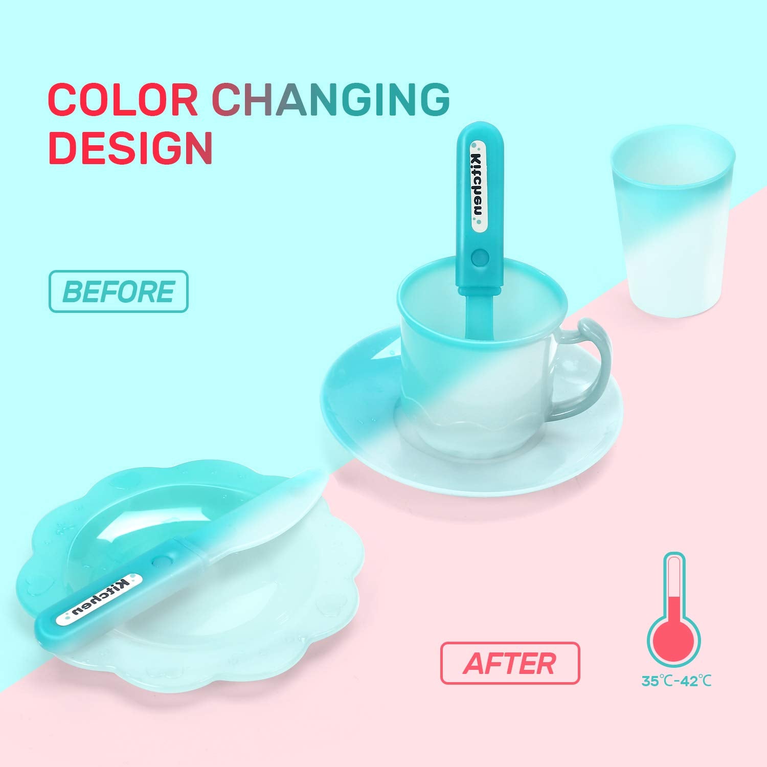CUTE STONE color-changing dishes and utensils with temperature cues.