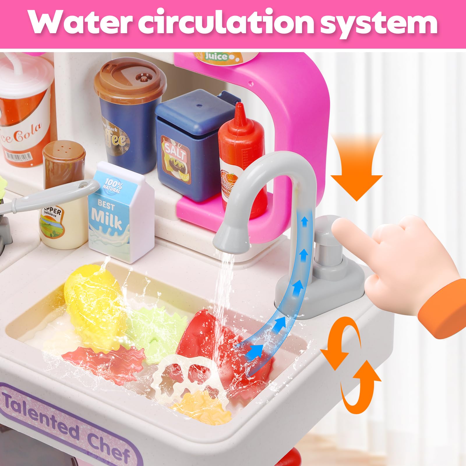Cute Stone Kids Kitchen Playset sink with water cycle supports pretend washing.