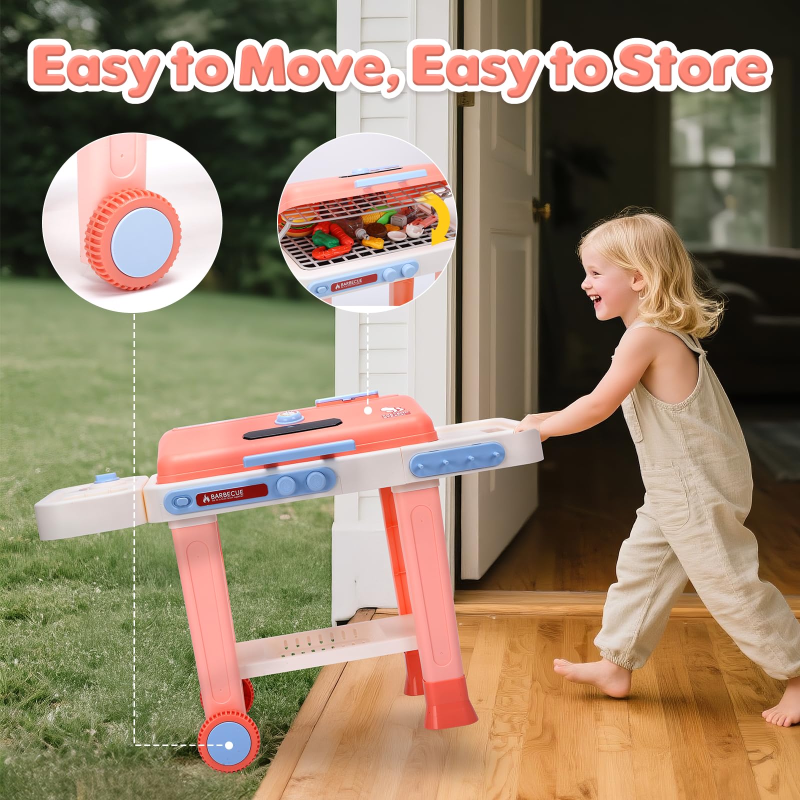 CUTE STONE mobile kitchen on casters allows easy room-to-room play.