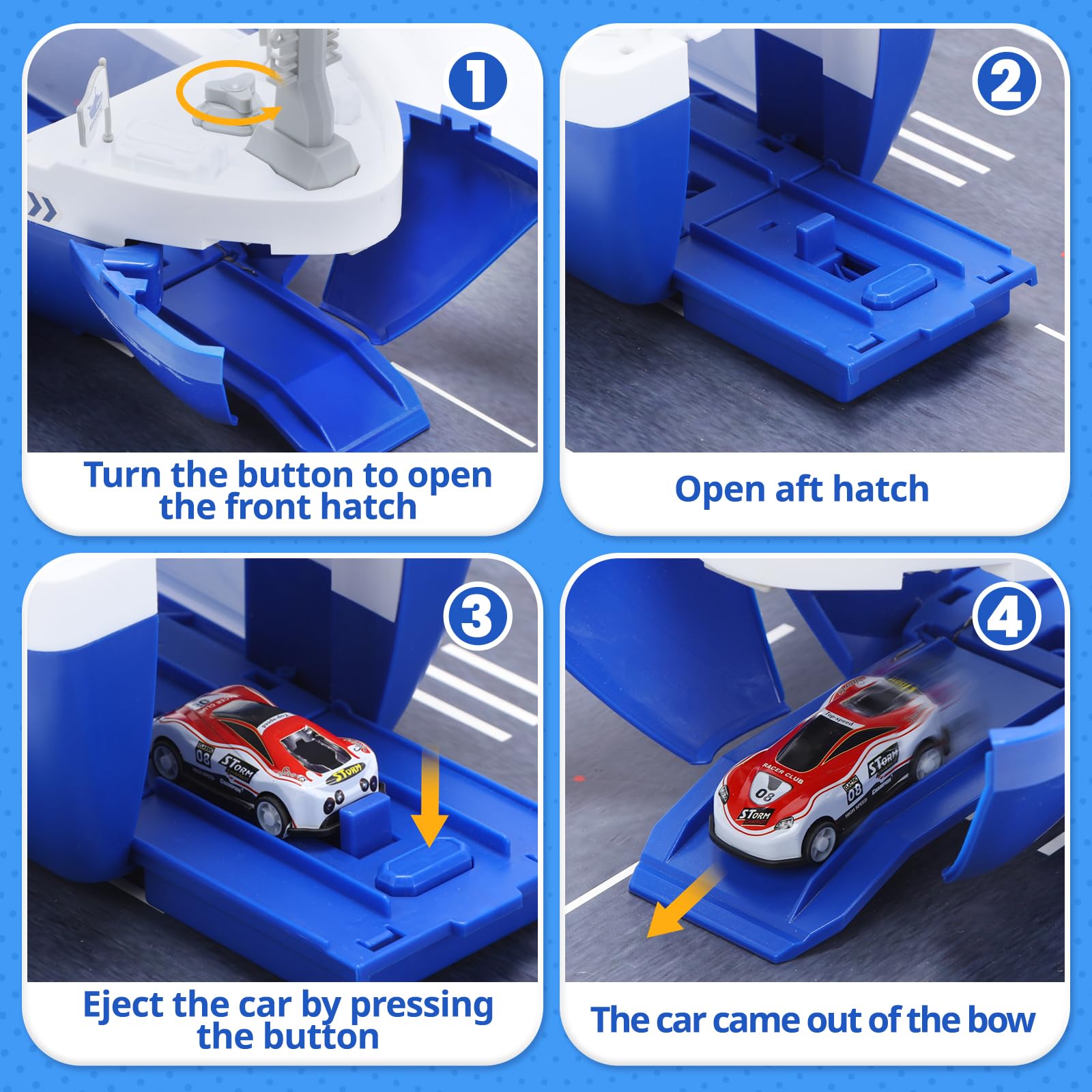 CUTE STONE hull opens for easy storage of six containers and vehicles.