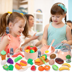 Cute Stone plates and cups complete the realistic dining setup for pretend meals.