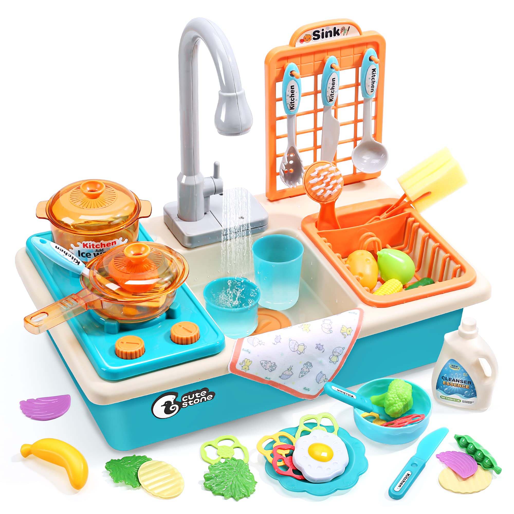 CUTE STONE kitchen sink toy with real faucet promotes imaginative water play.