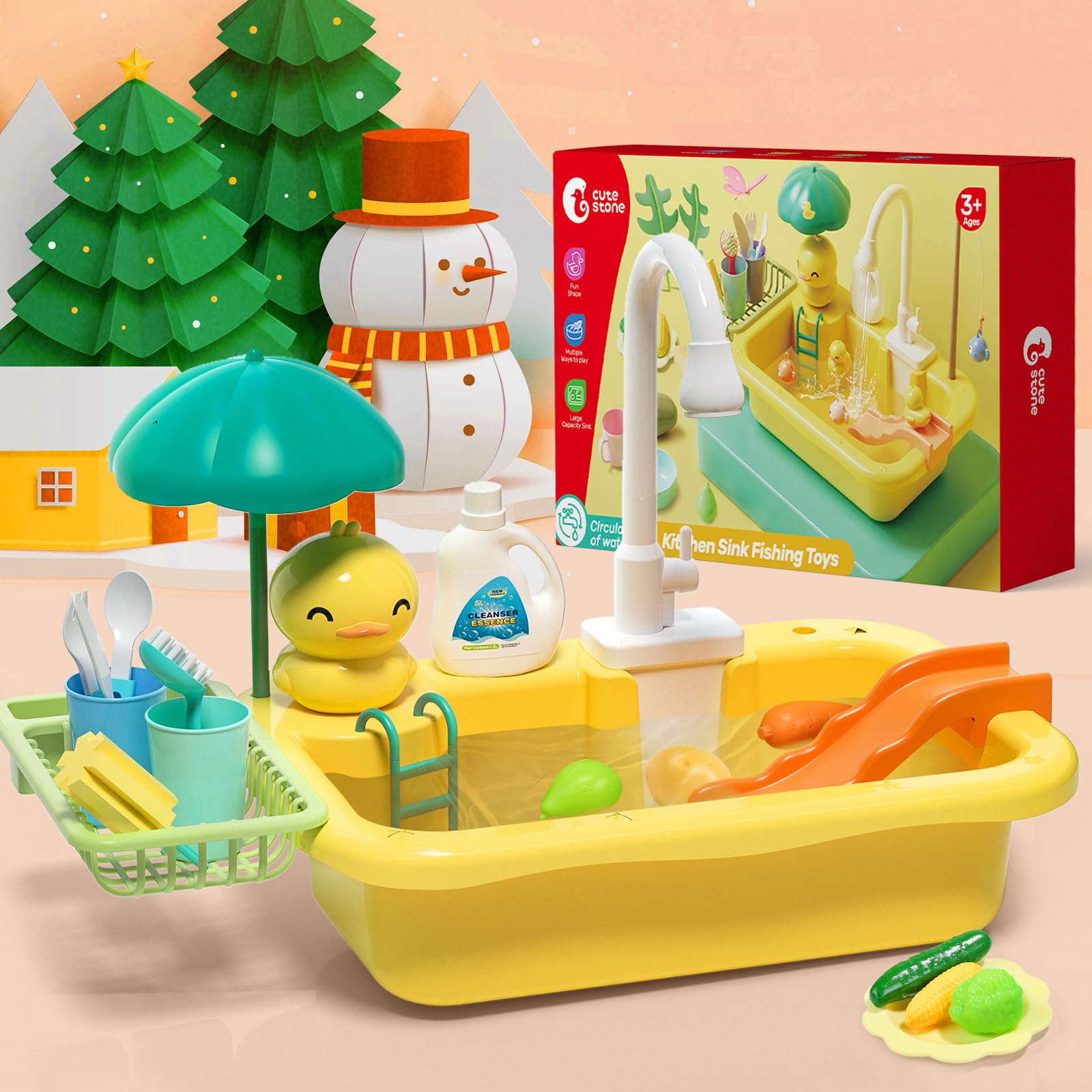 Cute Stone Play Sink with fishing toys floating, ideal for bath or pool play.