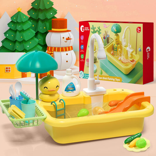 Cute Stone Play Sink with fishing toys floating, ideal for bath or pool play.