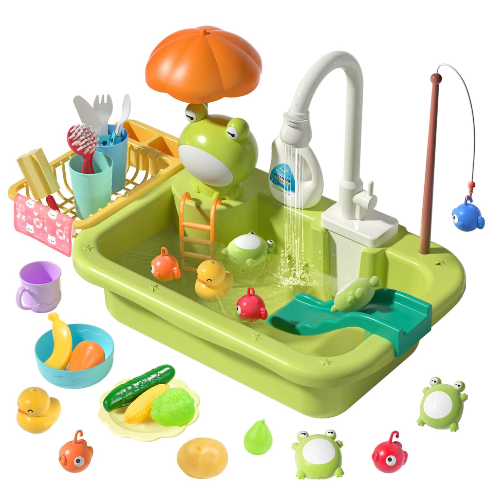 CUTE STONE Play Sink with Running Water shows faucet action for toy dishwashing