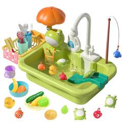 CUTE STONE Play Sink with Running Water shows faucet action for toy dishwashing