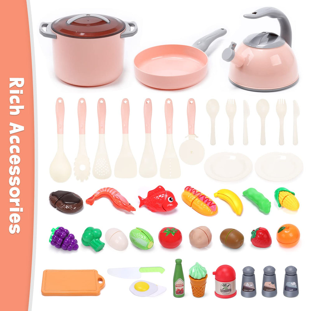 Cute Stone pots and pans storage helps keep play kitchen tidy and organized.