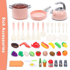Cute Stone pots and pans storage helps keep play kitchen tidy and organized.
