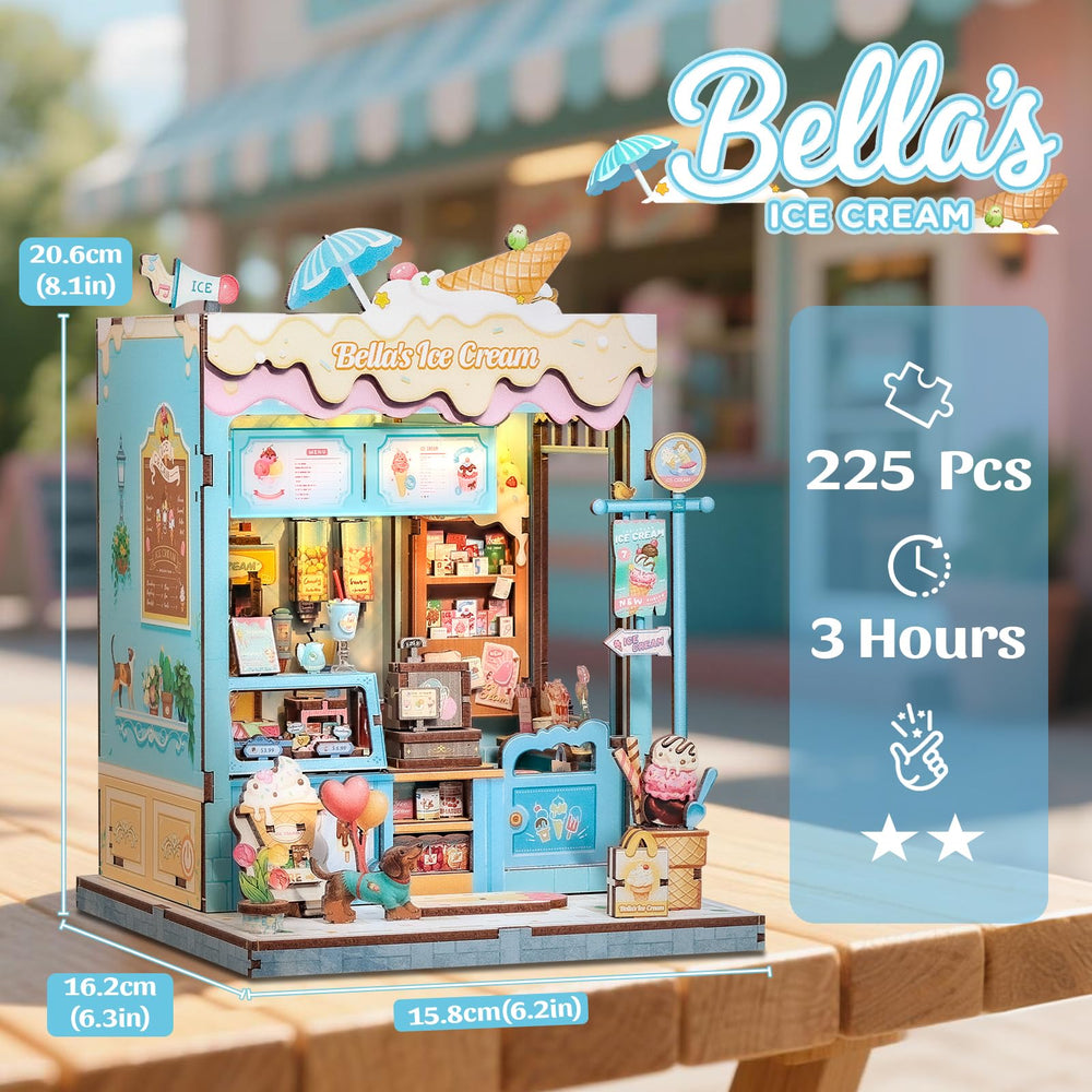 CUTEBEE Bella Ice Cream Shop diorama inside bookshelf display.