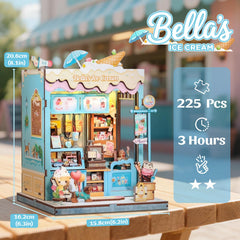 CUTEBEE Bella Ice Cream Shop diorama inside bookshelf display.