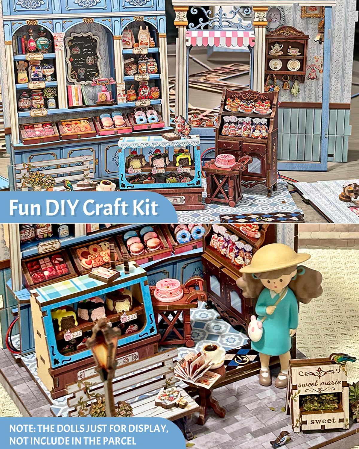 Cutebee Book Nook Sweet Marie glass jar candles create a warm ambiance.