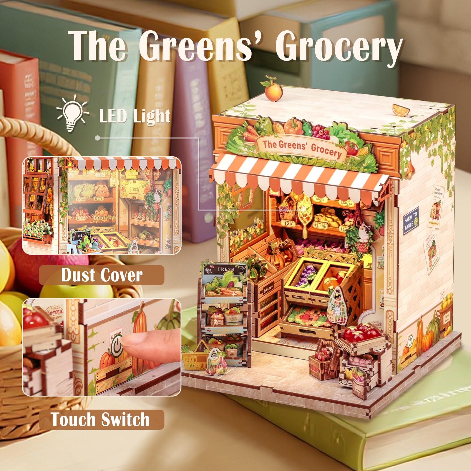 CUTEBEE Book Nook Greens Grocery interior lit creates warm evening ambience