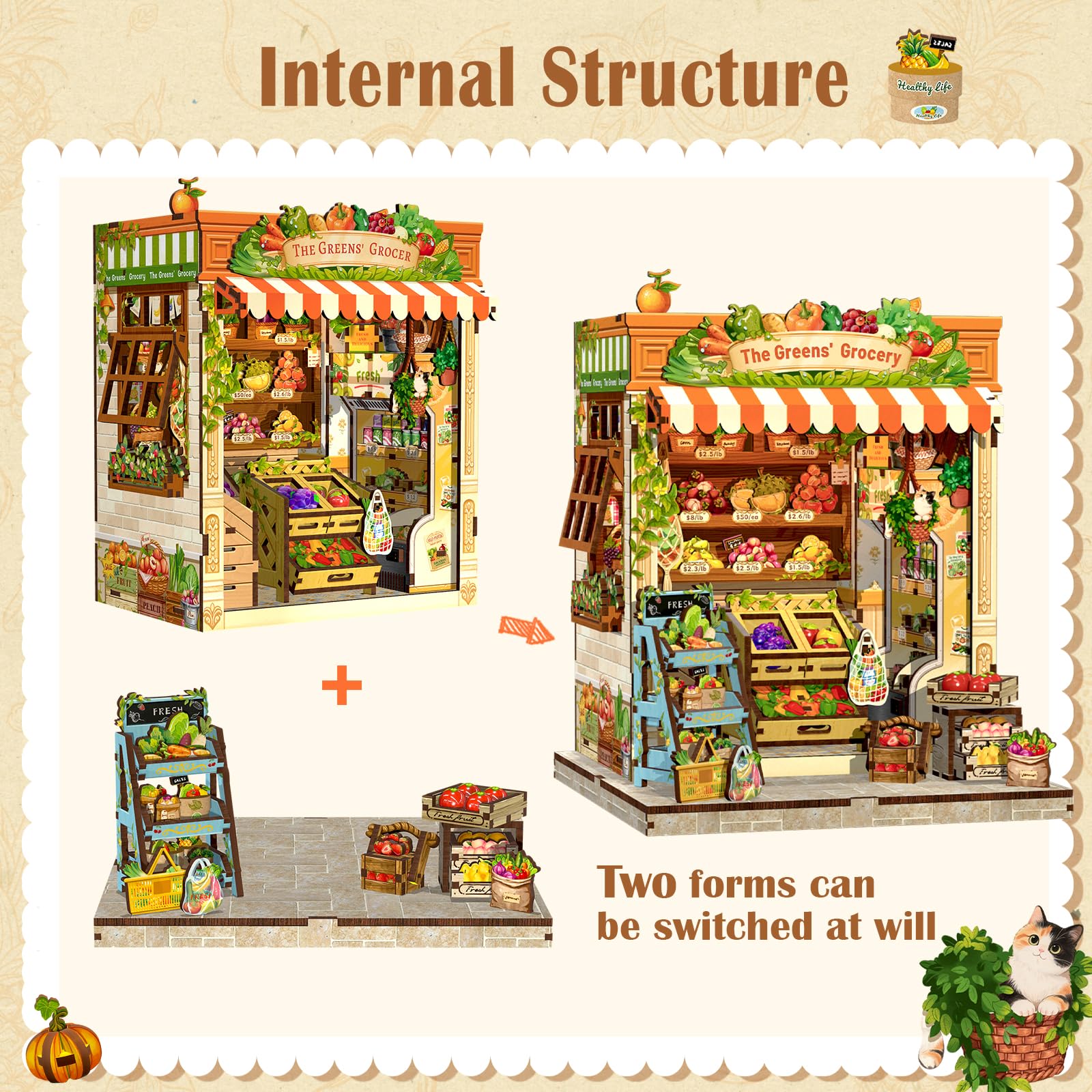 CUTEBEE Book Nook Greens Grocery miniature fruits and vegetables on display