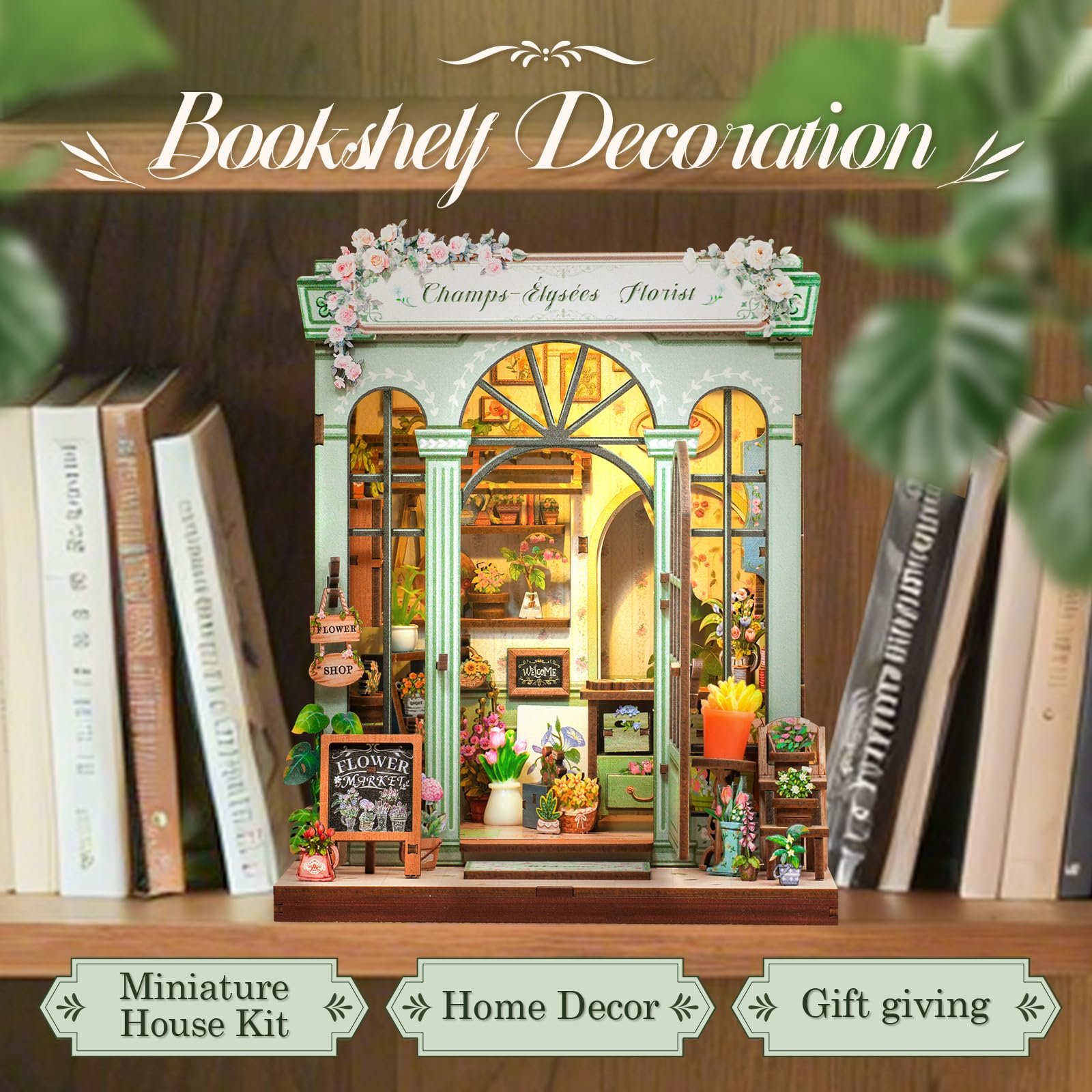 CUTEBEE Book Nook Kit assembly view highlights tiny shelves and details for realism