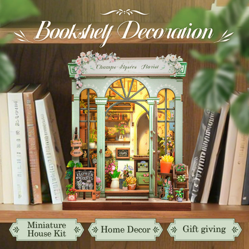 CUTEBEE Book Nook Kit assembly view highlights tiny shelves and details for realism