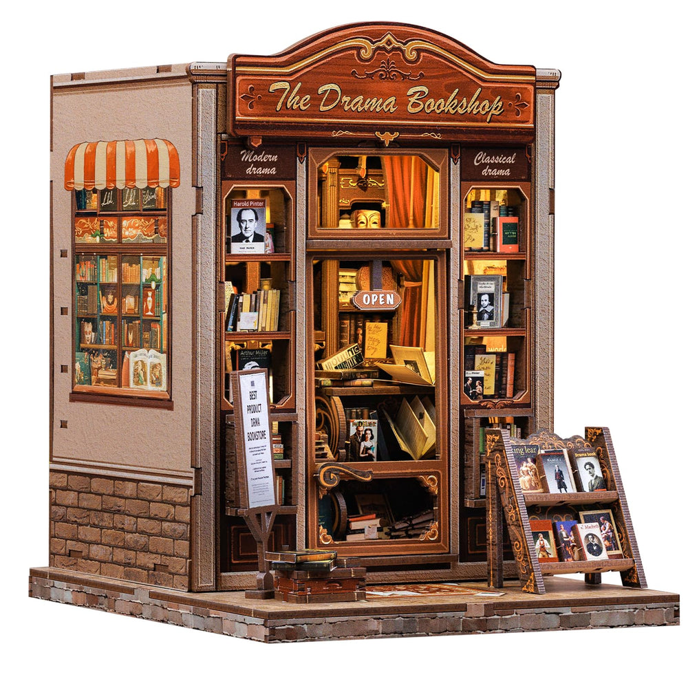 CUTEBEE Book Nook Kit assembly scene showcasing a cozy drama bookstore setup for DIY fun