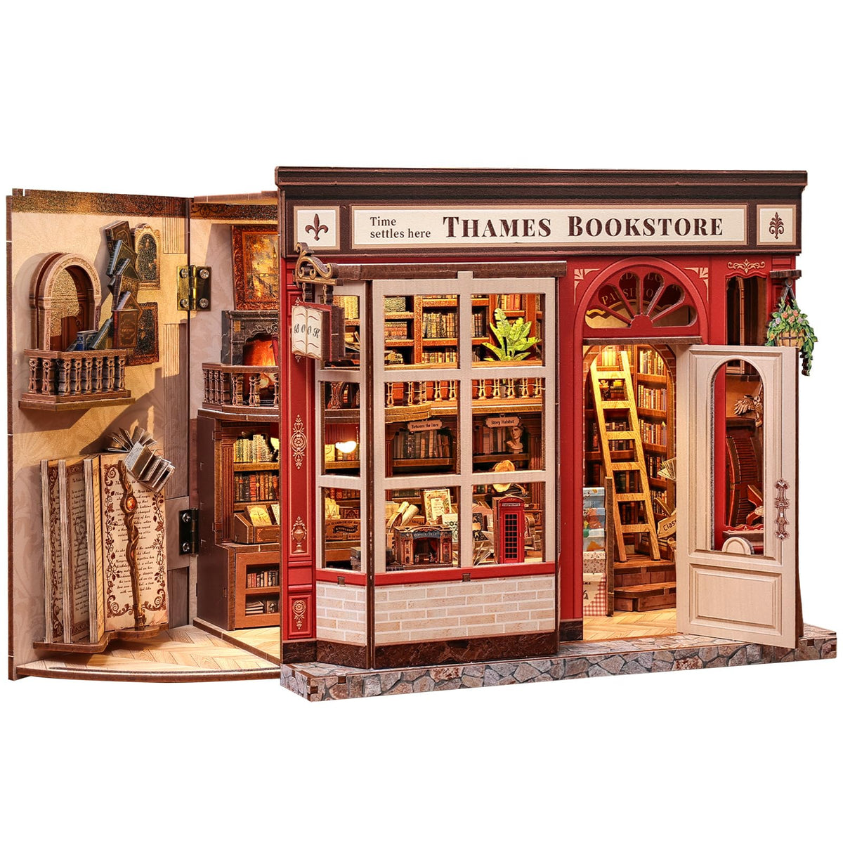 CUTEBEE Book Nook Kit bakery shelves glow for a cozy bookshelf display.
