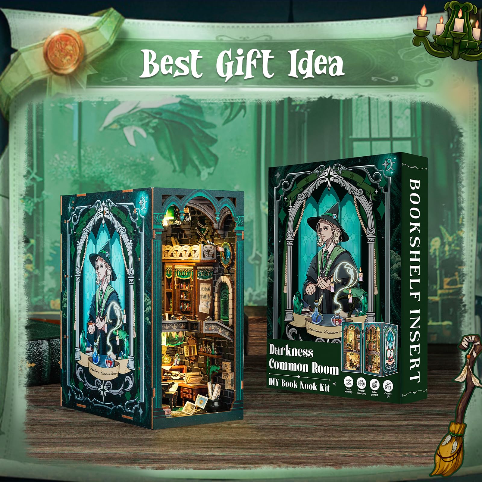 CUTEBEE Book Nook Kit complete-display presents a finished model on a bookshelf