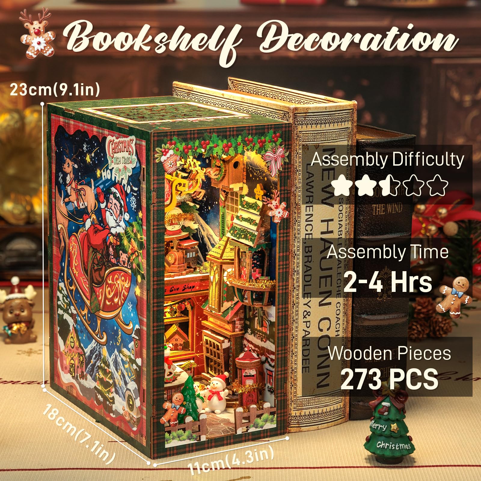 CUTEBEE book nook kit contents laid out, highlighting easy assembly and charming details