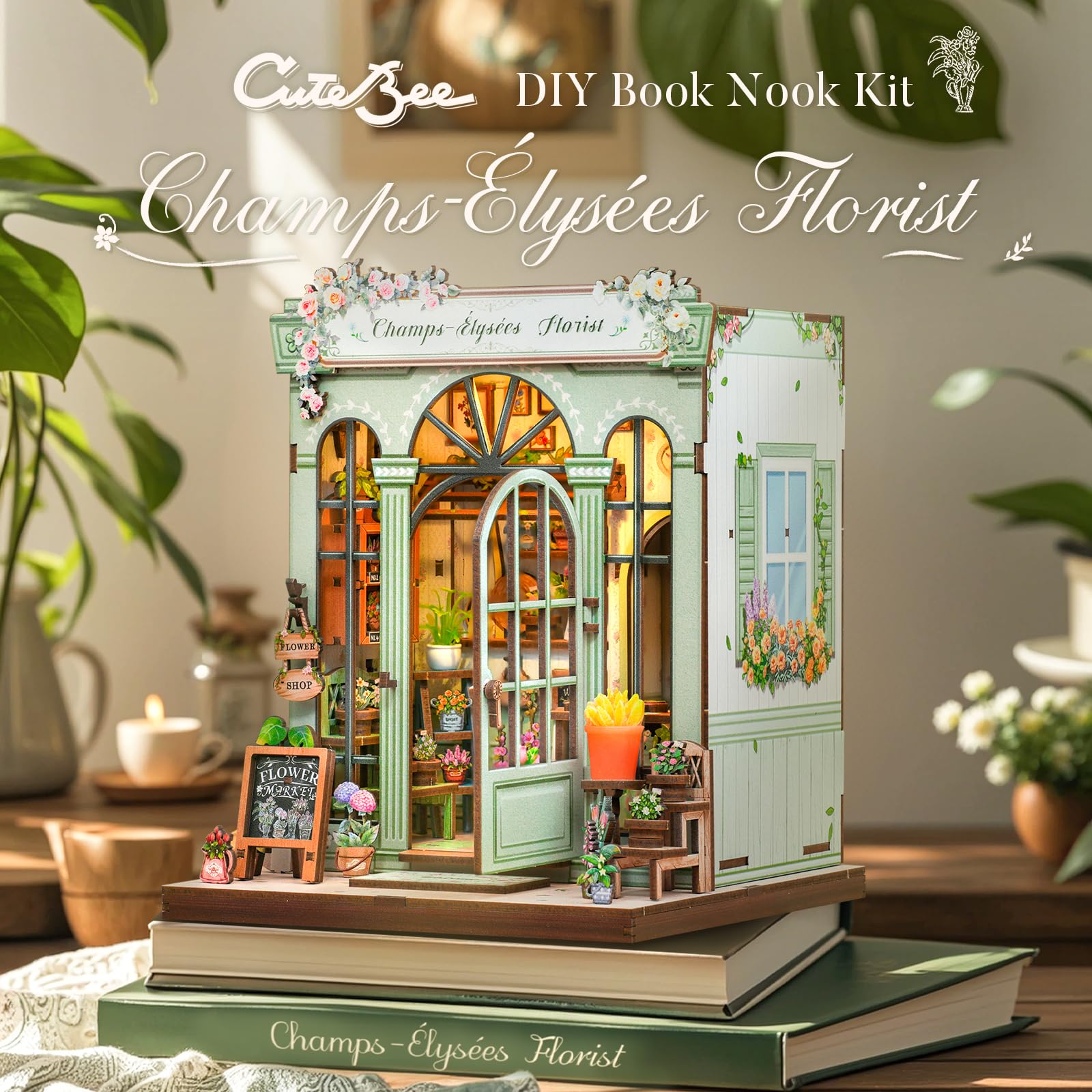 CUTEBEE Book Nook Kit desk-decor setup under soft lighting