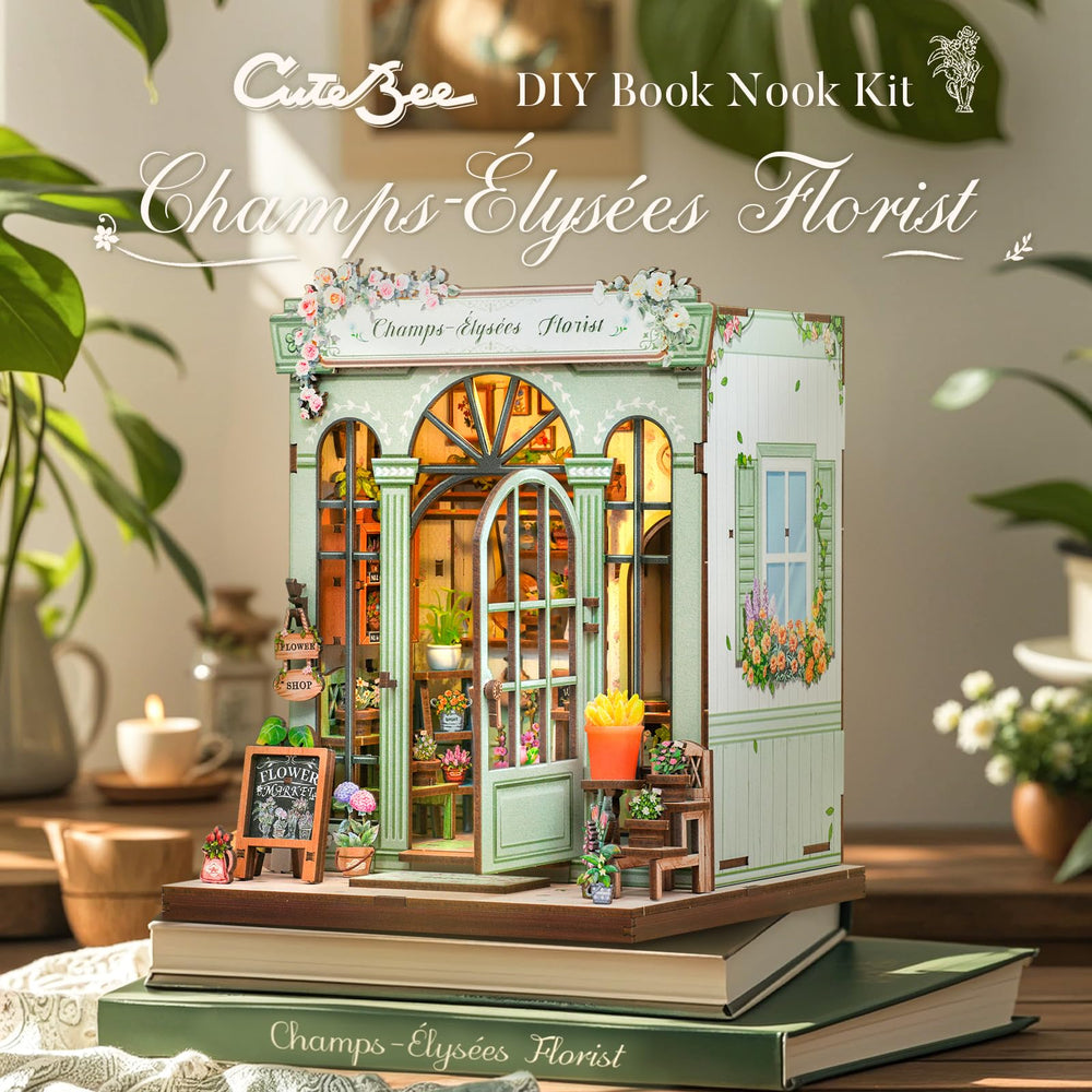 CUTEBEE Book Nook Kit desk-decor setup under soft lighting