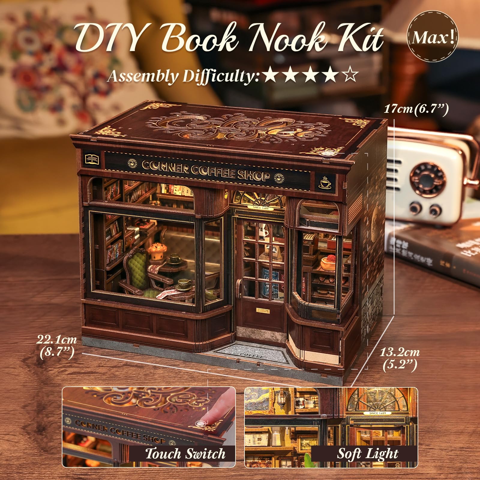 CUTEBEE Book Nook Kit desk glow when lit for ambiance.