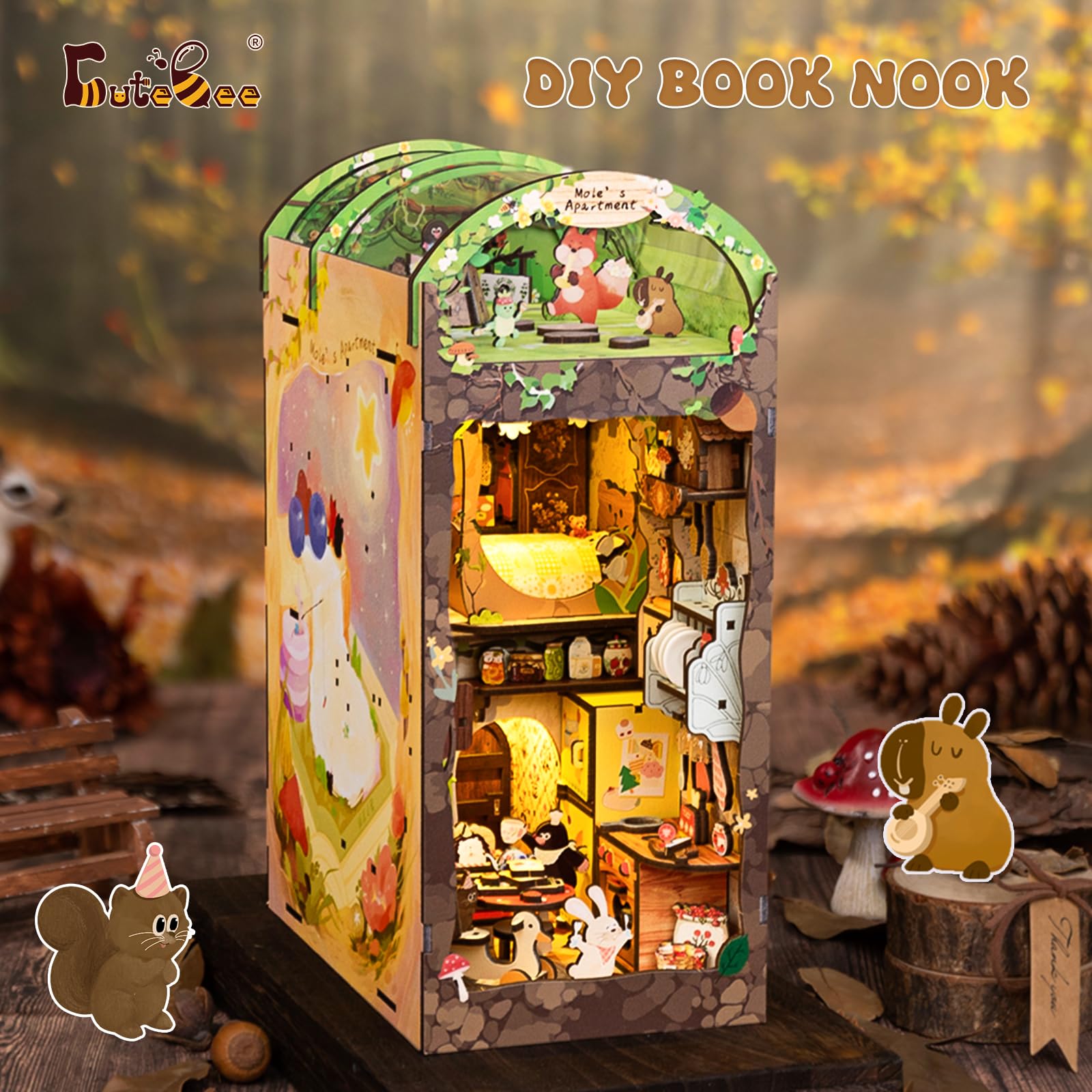 CUTEBEE Book Nook Kit finished dollhouse display adds charm to shelves
