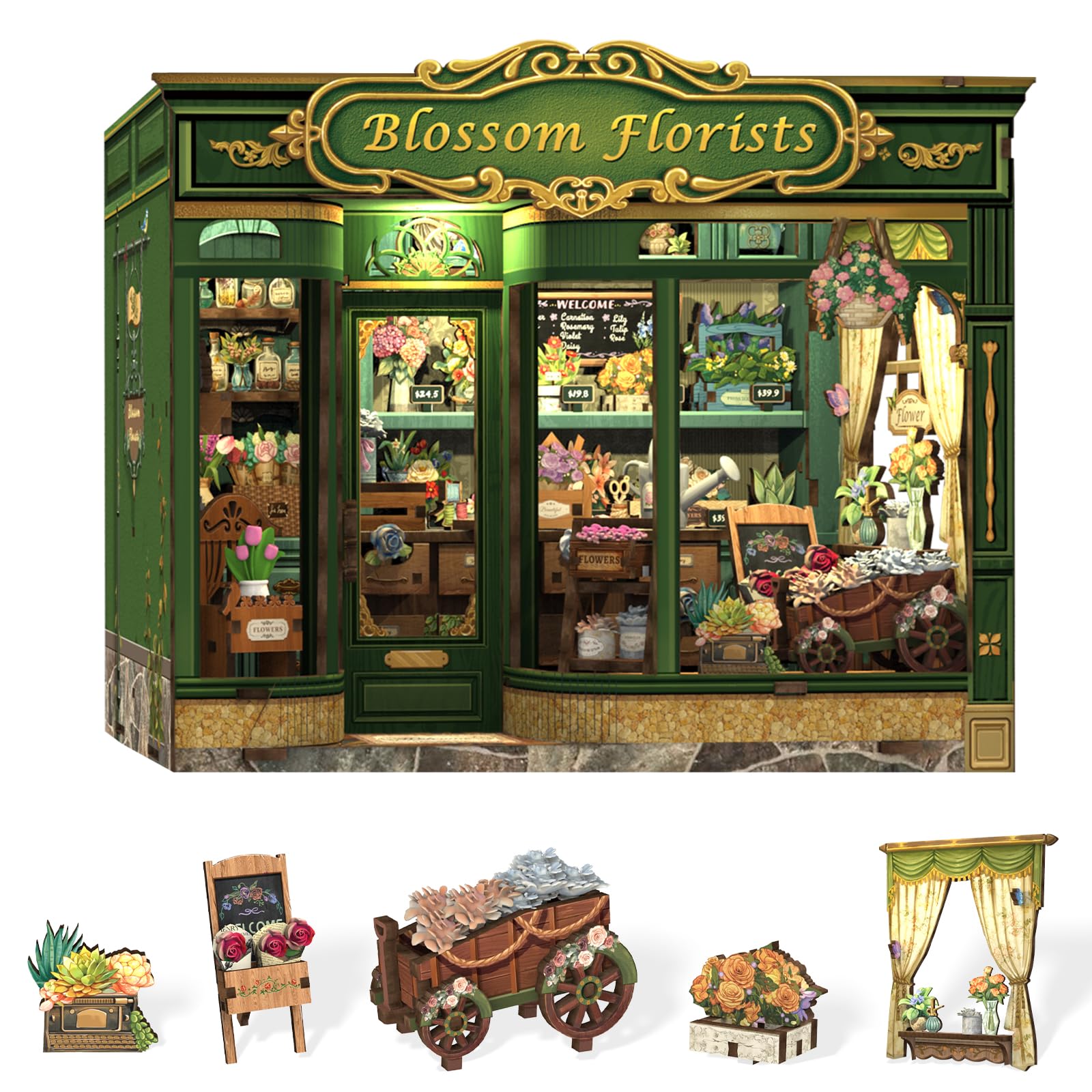 CUTEBEE Book Nook Kit flower shop exterior view for cozy desk décor