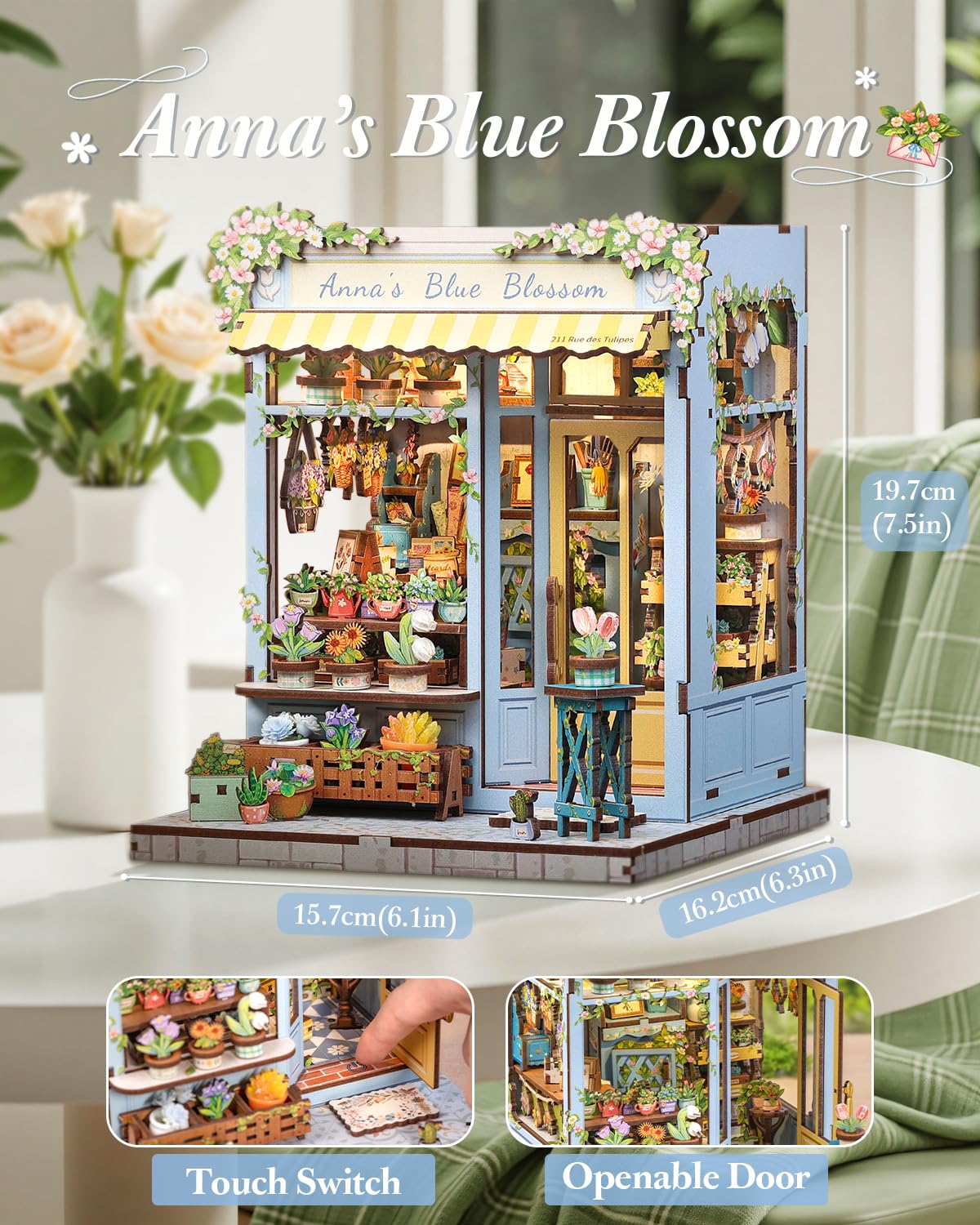 CUTEBEE Book Nook Kit flower stands close-up highlights lush greenery