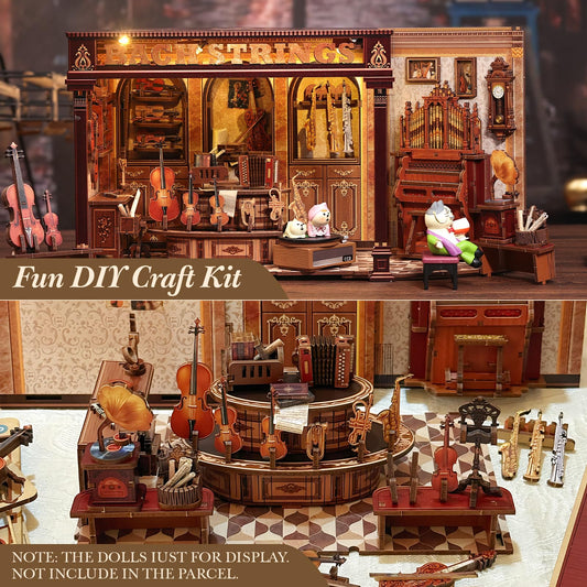CUTEBEE Book Nook Kit interior close-up highlights detailed woodwork and delicate miniatures.