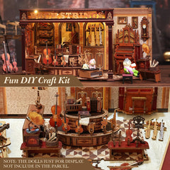 CUTEBEE Book Nook Kit interior close-up highlights detailed woodwork and delicate miniatures.