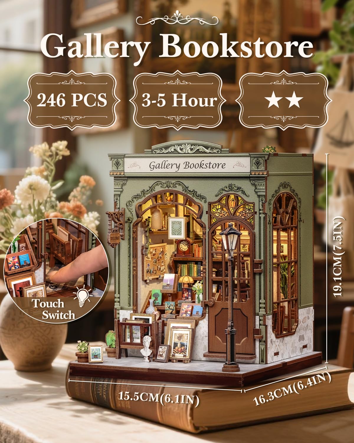 CUTEBEE Book Nook Kit interior shelves show mini book details for realistic craft projects.
